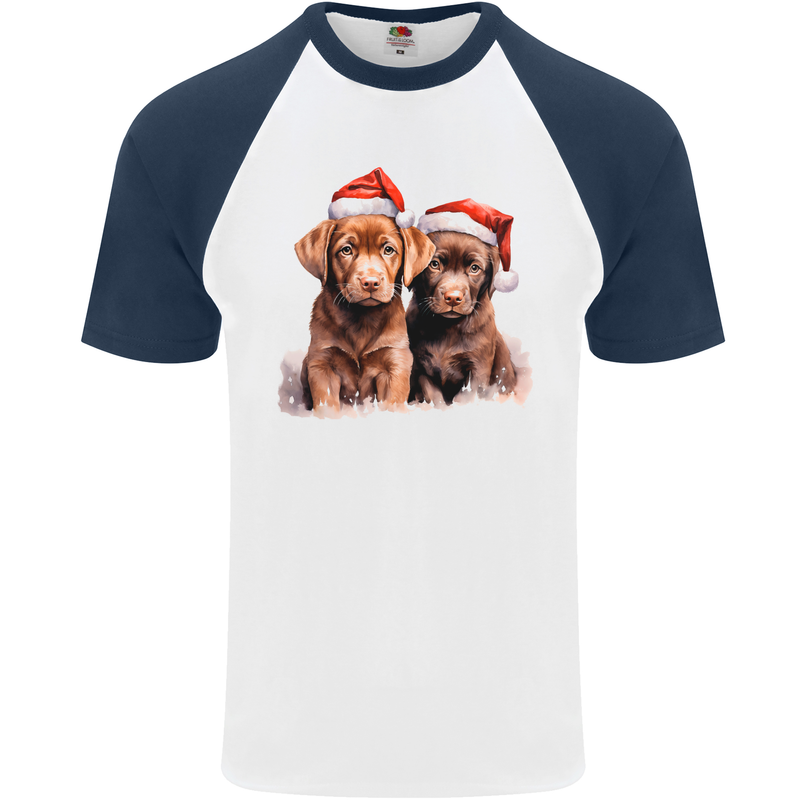 Chocolate Labrador Christmas Puppies Xmas Mens S/S Baseball T-Shirt White/Navy Blue