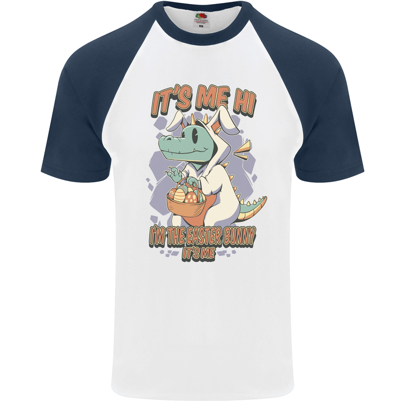 T-Rex Its Me I'm the Easter Bunny Funny Egg Mens S/S Baseball T-Shirt White/Navy Blue