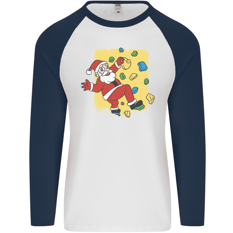 Rock Climbing Santa Funny Christmas Climber Mens L/S Baseball T-Shirt White/Navy Blue