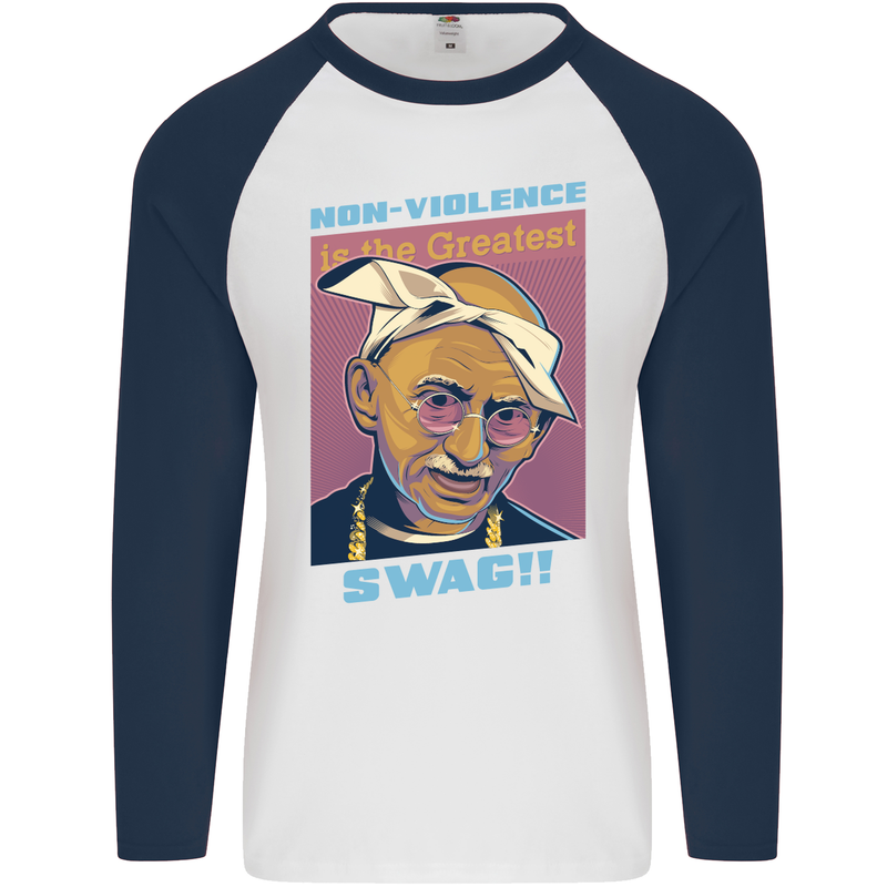 Ghandi Parody Gangsta Rap Music Hip Hop Mens L/S Baseball T-Shirt White/Navy Blue