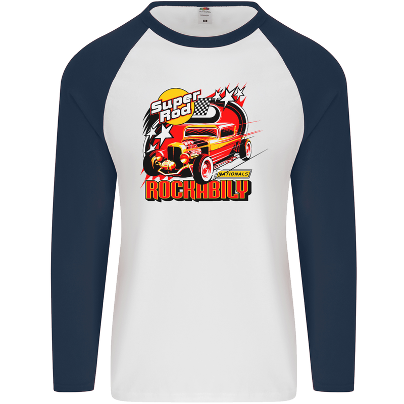 Rockabily Hot Rod Hotrod Dragster Mens L/S Baseball T-Shirt White/Navy Blue