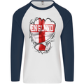 Gym St. George's Cross English Flag England Mens L/S Baseball T-Shirt White/Navy Blue