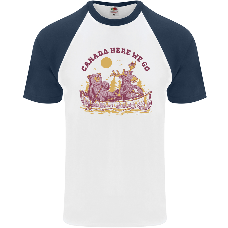 Canada Here We Go Moose and Bear Canadian Mens S/S Baseball T-Shirt White/Navy Blue