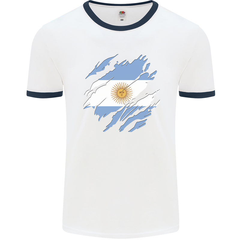 Torn Argentina Flag Argentinian Day Football Mens Ringer T-Shirt White/Navy Blue