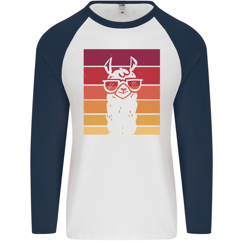 A Llama Wearing Shades Mens L/S Baseball T-Shirt White/Navy Blue