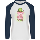 St Patricks Day Pig Mens L/S Baseball T-Shirt White/Navy Blue