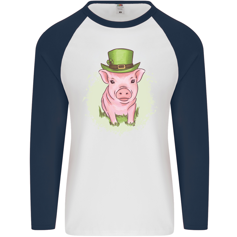 St Patricks Day Pig Mens L/S Baseball T-Shirt White/Navy Blue