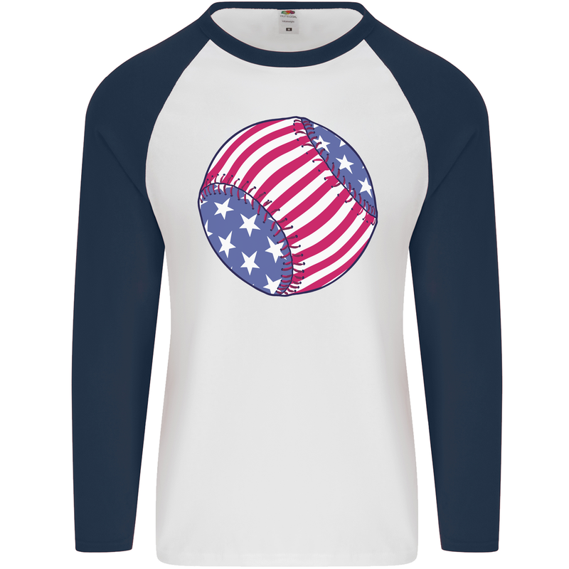 Baseball USA Stars and Stripes American Flag Mens L/S Baseball T-Shirt White/Navy Blue