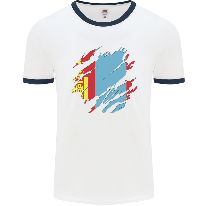 Torn Mongolia Flag Mongolian Day Football Mens Ringer T-Shirt White/Navy Blue