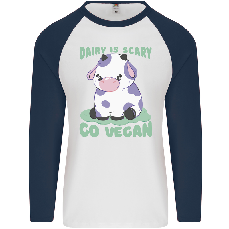 Dairy Is Scary Go Vegan Funny Mens L/S Baseball T-Shirt White/Navy Blue