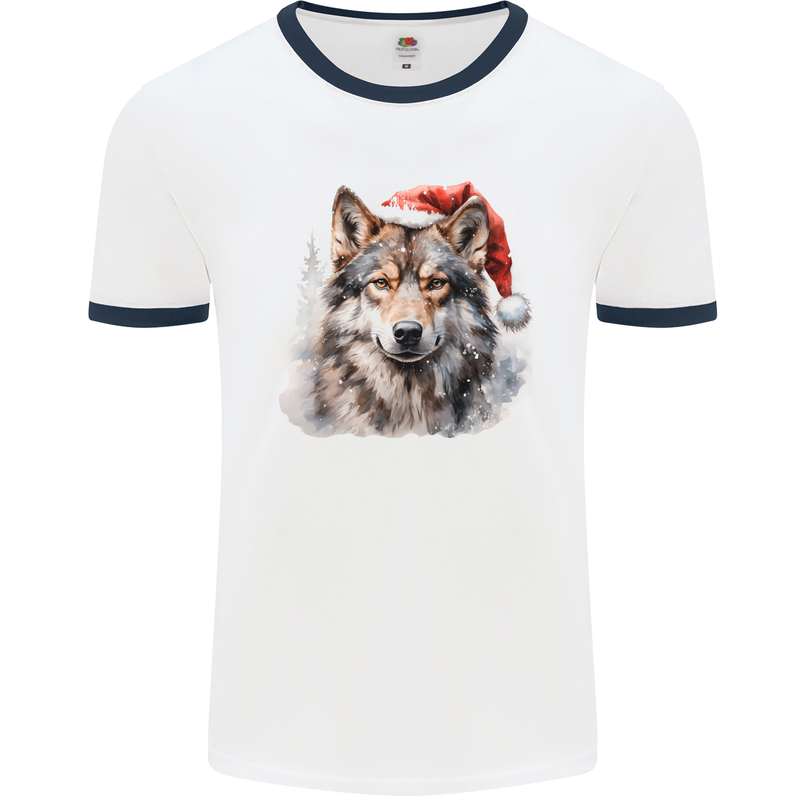 Christmas Wolf Mens Ringer T-Shirt White/Navy Blue