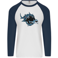 Pollution Great White Shark Climate Change Mens L/S Baseball T-Shirt White/Navy Blue