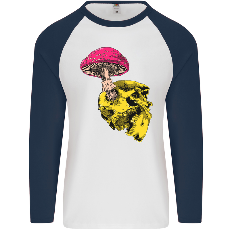 Mushroom Skull Toadstool Magic Gothic Mens L/S Baseball T-Shirt White/Navy Blue