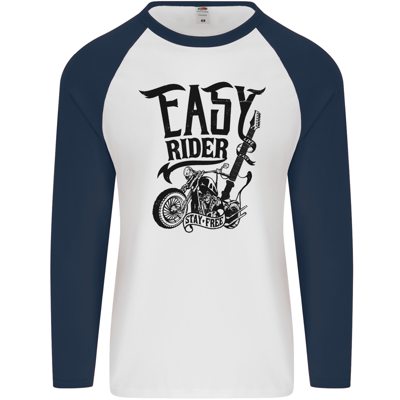 Easy Rider Motorcycle Motorbike Biker Mens L/S Baseball T-Shirt White/Navy Blue