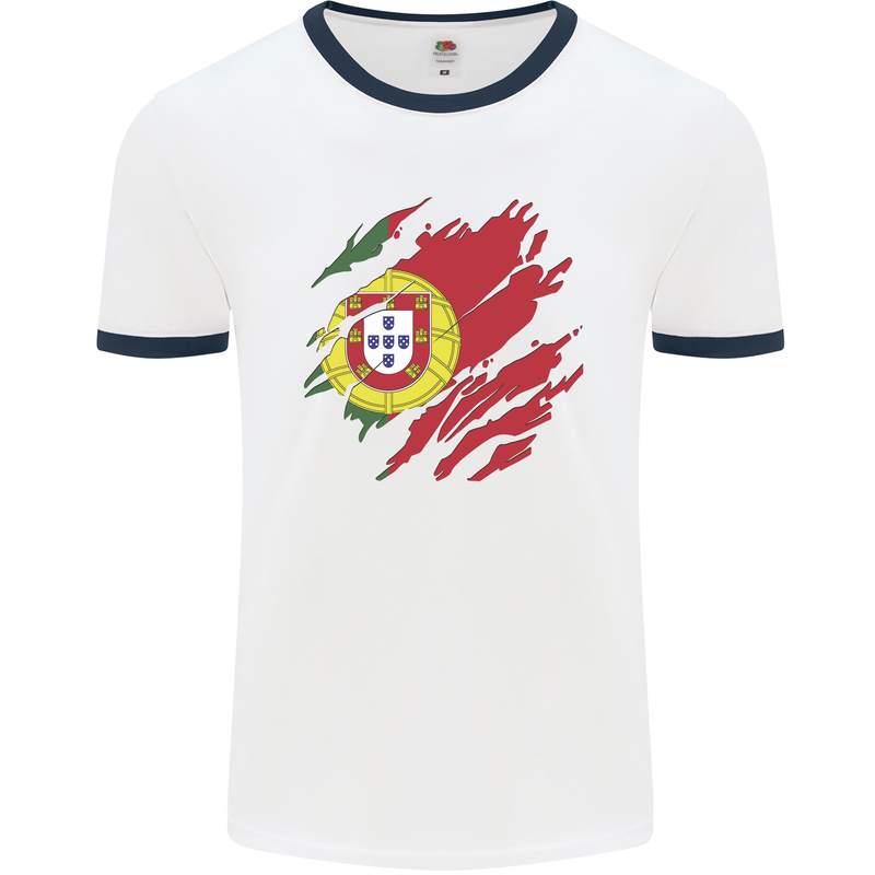 Torn Portugal Flag Portugese Day Football Mens Ringer T-Shirt White/Navy Blue