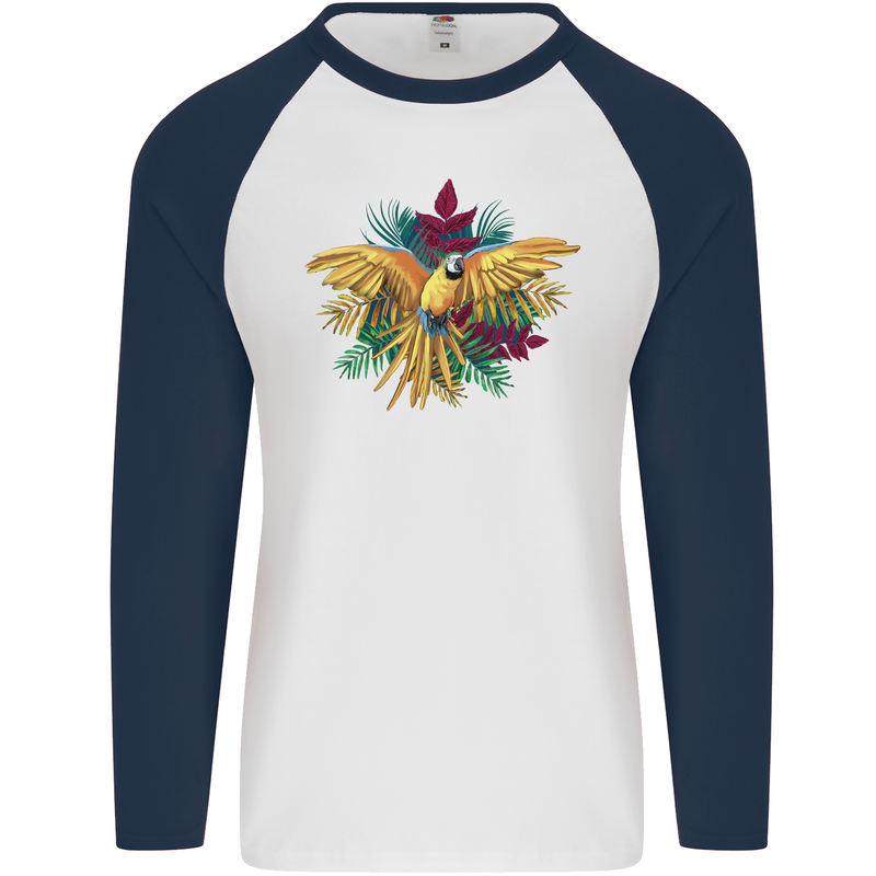 Maacaw Parrot In the Jungle Mens L/S Baseball T-Shirt White/Navy Blue