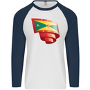 Curled Grenada Flag Grenadians Day Football Mens L/S Baseball T-Shirt White/Navy Blue