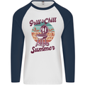 Chill & Grill Funny Summer BBQ Braai Mens L/S Baseball T-Shirt White/Navy Blue