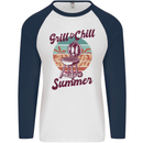 Chill & Grill Funny Summer BBQ Braai Mens L/S Baseball T-Shirt White/Navy Blue