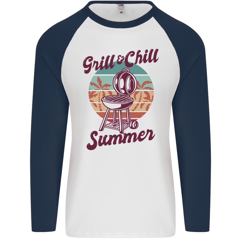 Chill & Grill Funny Summer BBQ Braai Mens L/S Baseball T-Shirt White/Navy Blue