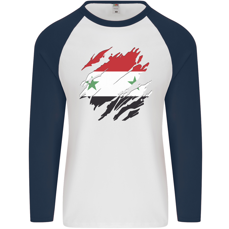 Torn Syria Flag Syrian Day Football Mens L/S Baseball T-Shirt White/Navy Blue