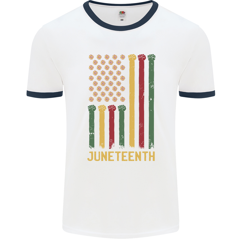 Juneteenth Black Lives Matter USA Flag Mens Ringer T-Shirt White/Navy Blue