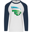 Curled Uzbekistan Flag Ukbek Day Football Mens L/S Baseball T-Shirt White/Navy Blue