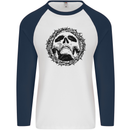 A Skull in Thorns Gothic Christ Jesus Mens L/S Baseball T-Shirt White/Navy Blue