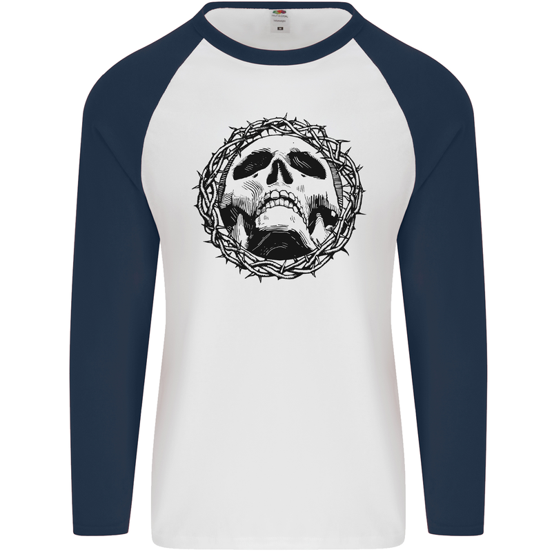 A Skull in Thorns Gothic Christ Jesus Mens L/S Baseball T-Shirt White/Navy Blue