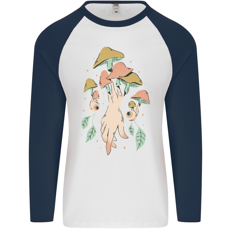 Trippy Magic Mushrooms With Eyes Mens L/S Baseball T-Shirt White/Navy Blue