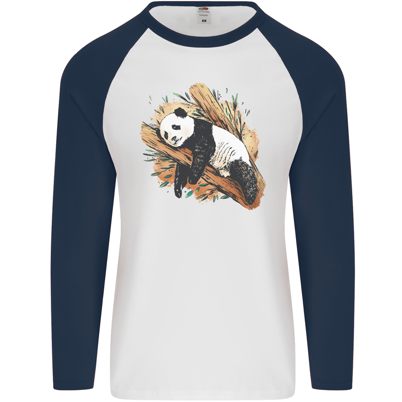 A Sleeping Panda Bear Ecology Animals Mens L/S Baseball T-Shirt White/Navy Blue