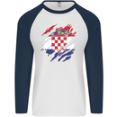 Torn Croatia Flag Croatian Day Football Mens L/S Baseball T-Shirt White/Navy Blue