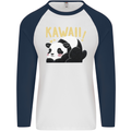 Kawaii Panda Bear Cute Mens L/S Baseball T-Shirt White/Navy Blue