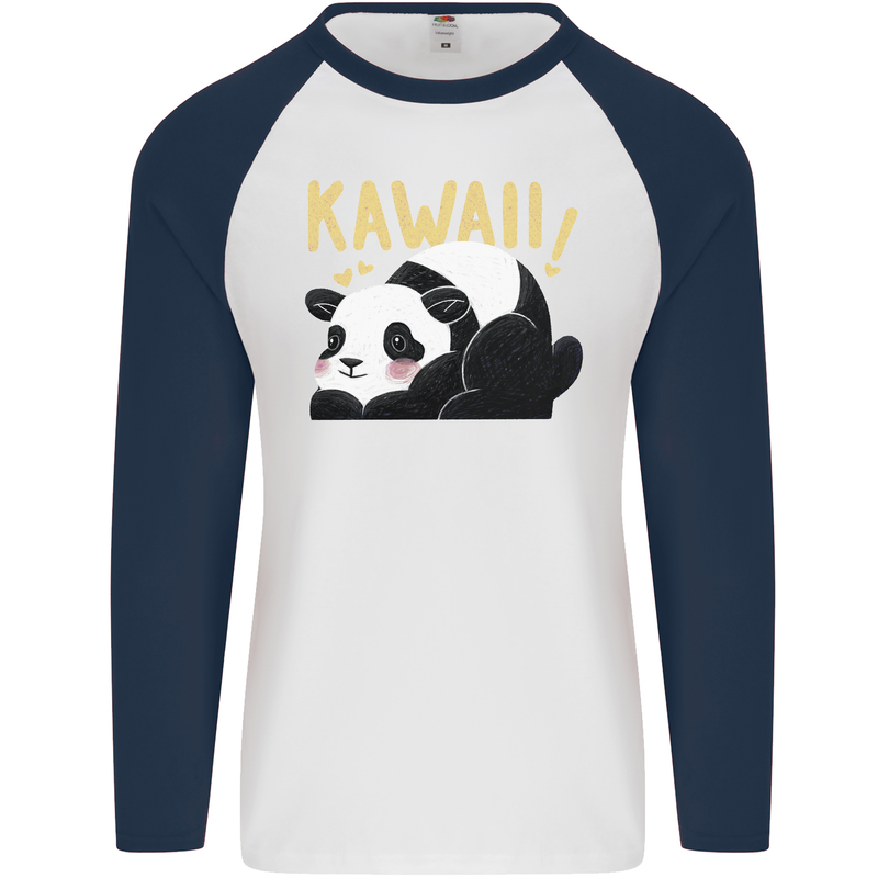 Kawaii Panda Bear Cute Mens L/S Baseball T-Shirt White/Navy Blue
