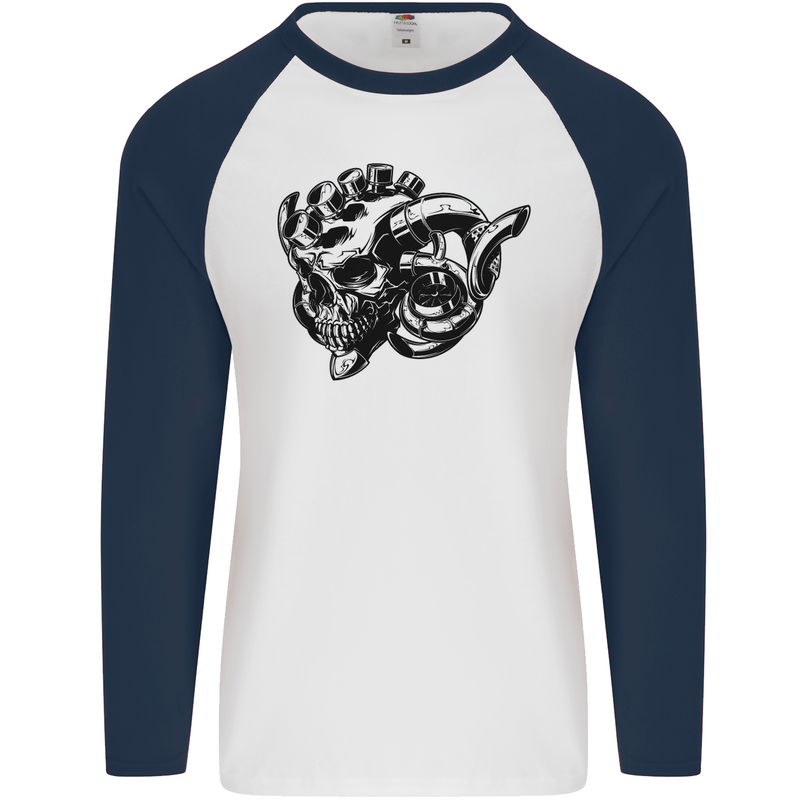 Turbo Skull Car Enthusiast Engine Drifting Mens L/S Baseball T-Shirt White/Navy Blue