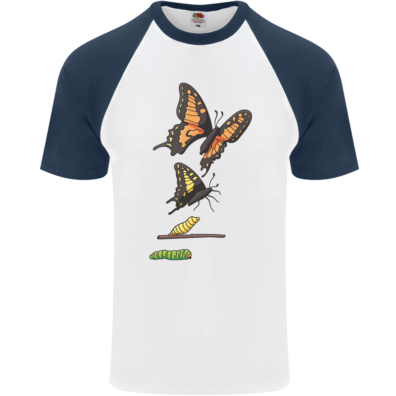 Butterfly Evolution Caterpillar Butterflies Mens S/S Baseball T-Shirt White/Navy Blue