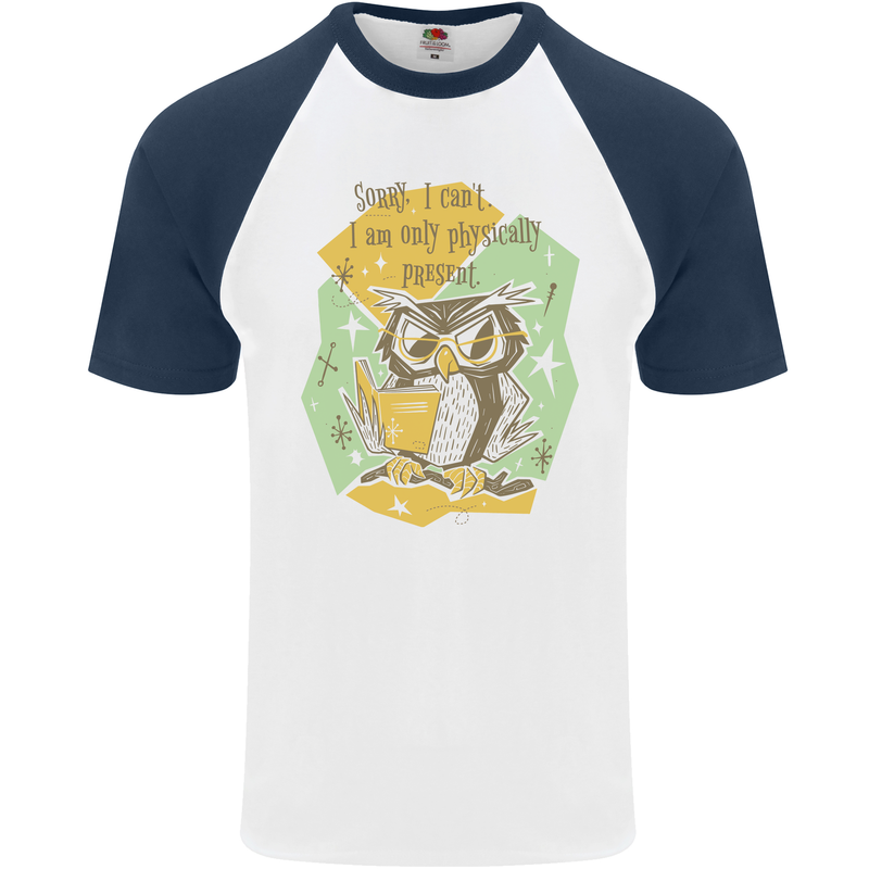Funny Book Reading Owl Bookworm Books Mens S/S Baseball T-Shirt White/Navy Blue