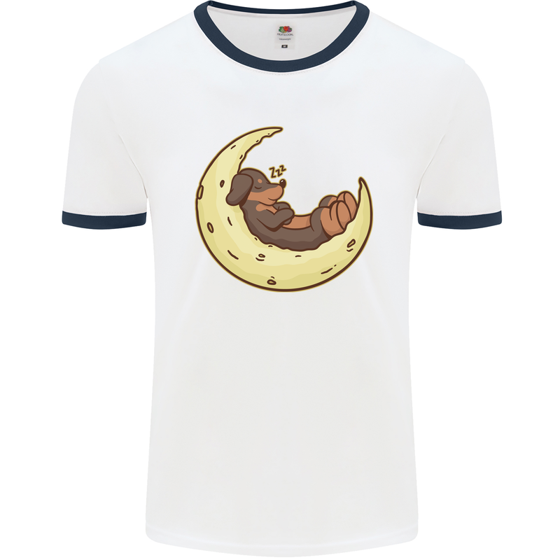 Dachshund Dog Moon Mens Ringer T-Shirt White/Navy Blue