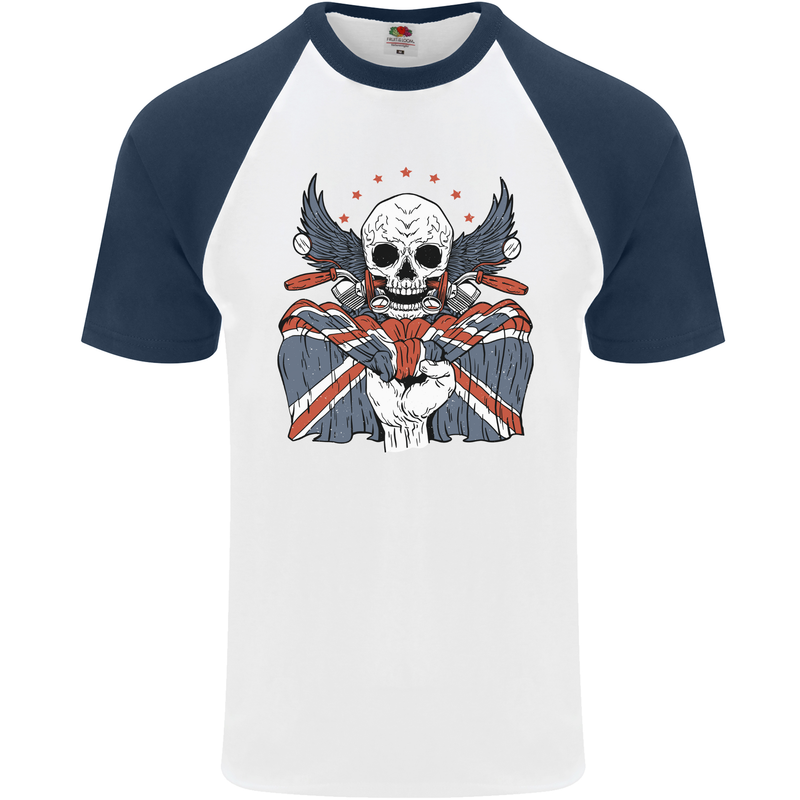 Union Jack Biker Motorbike Motorcycle Skull Mens S/S Baseball T-Shirt White/Navy Blue