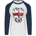 The Union Jack Flag Ripped Muscles Mens L/S Baseball T-Shirt White/Navy Blue