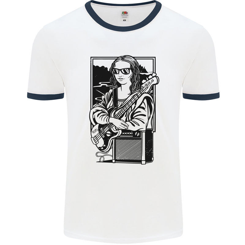 Electric Guitar Mona Lisa Rock Music Player Mens Ringer T-Shirt White/Navy Blue