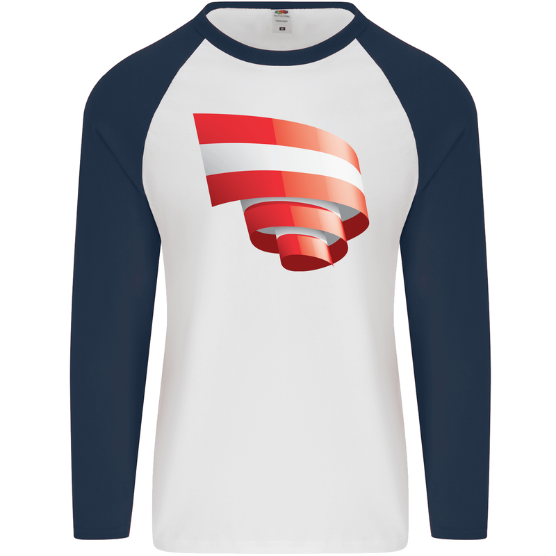Curled Austria Flag Austrian Day Football Mens L/S Baseball T-Shirt White/Navy Blue