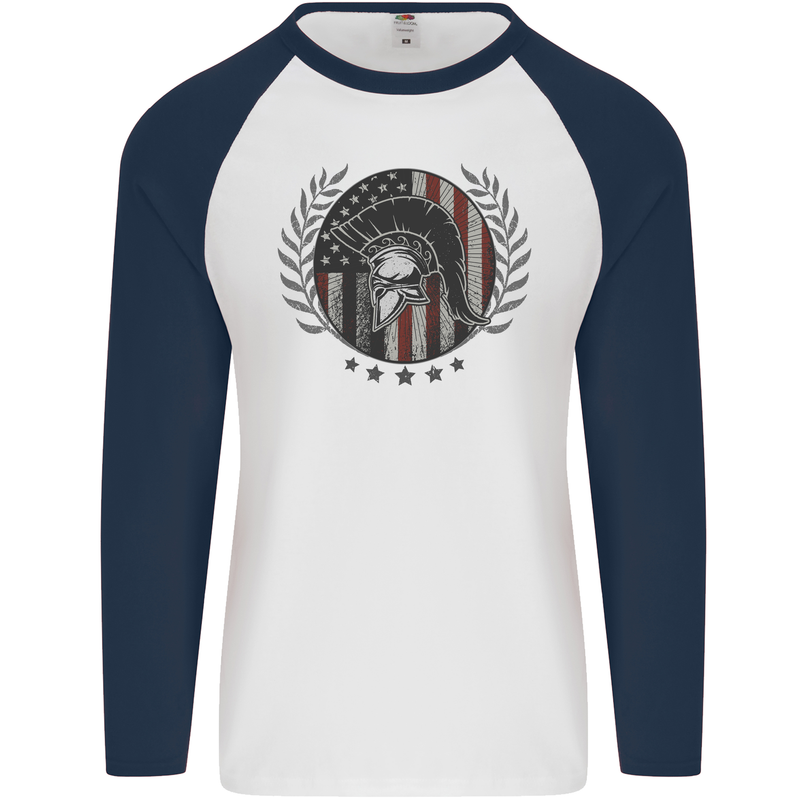 USA Bodybuilding Flag Gym Training Spartan Mens L/S Baseball T-Shirt White/Navy Blue