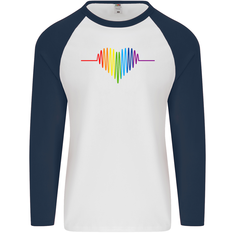 LGBT Gay Pulse Heart Gay Pride Awareness Mens L/S Baseball T-Shirt White/Navy Blue