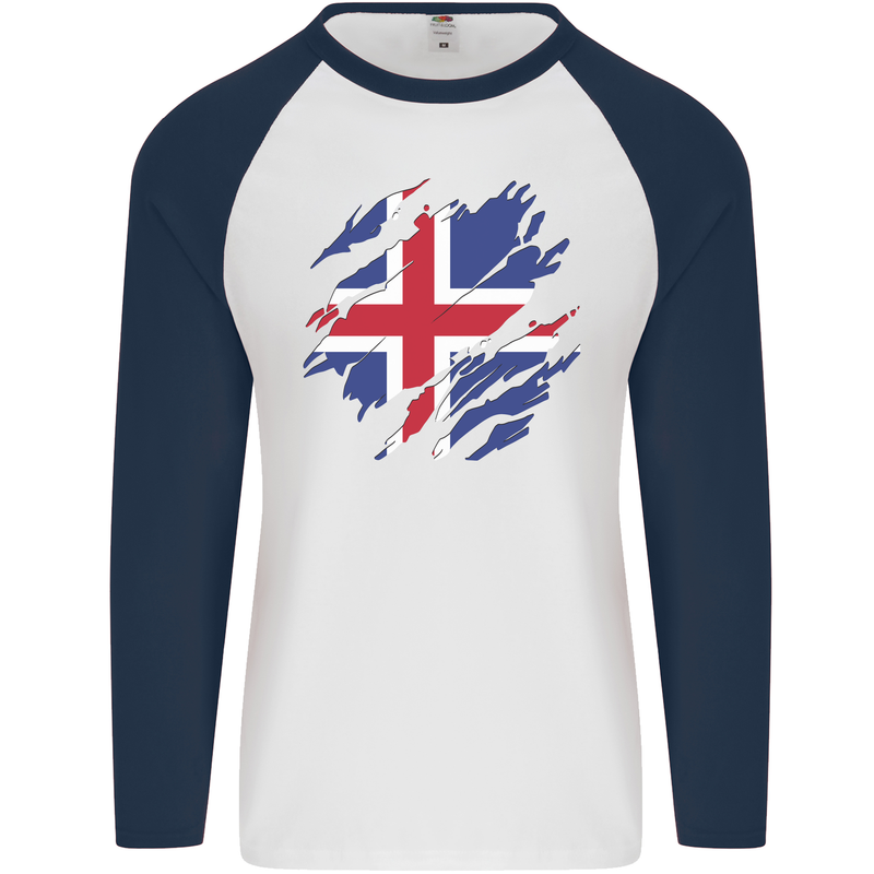 Torn Iceland Flag Icelander Day Football Mens L/S Baseball T-Shirt White/Navy Blue