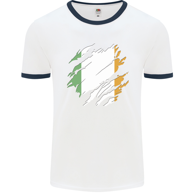 Torn Ireland Flag Irish St Patricks Day Football Mens Ringer T-Shirt White/Navy Blue