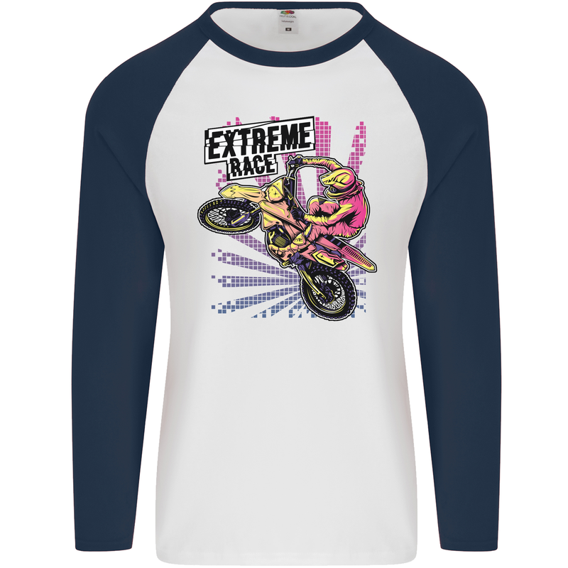 Extreme Race Motocross Dirt Bike Motorbike Mens L/S Baseball T-Shirt White/Navy Blue