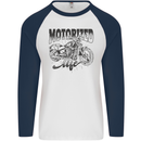 Motorized Life Biker Motorbike Motorcycle Mens L/S Baseball T-Shirt White/Navy Blue