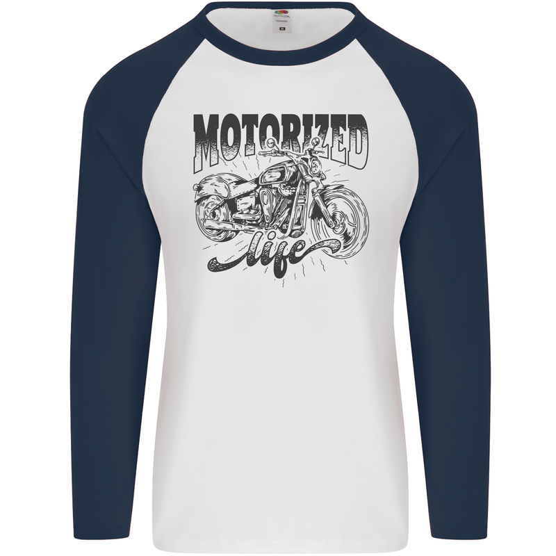 Motorized Life Biker Motorbike Motorcycle Mens L/S Baseball T-Shirt White/Navy Blue