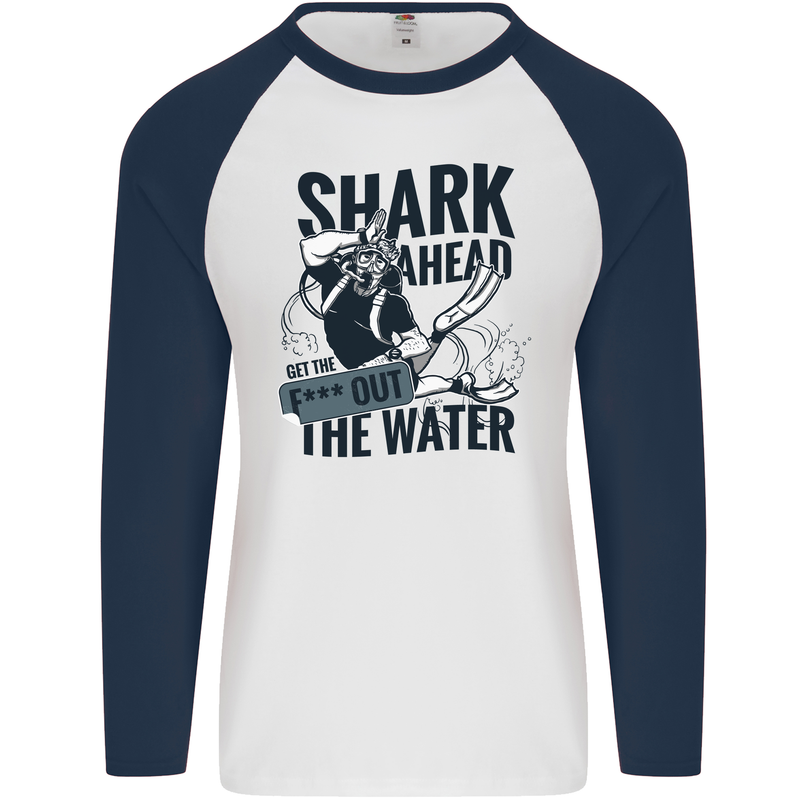 Shark Ahead Funny Scuba Diving Diver Mens L/S Baseball T-Shirt White/Navy Blue